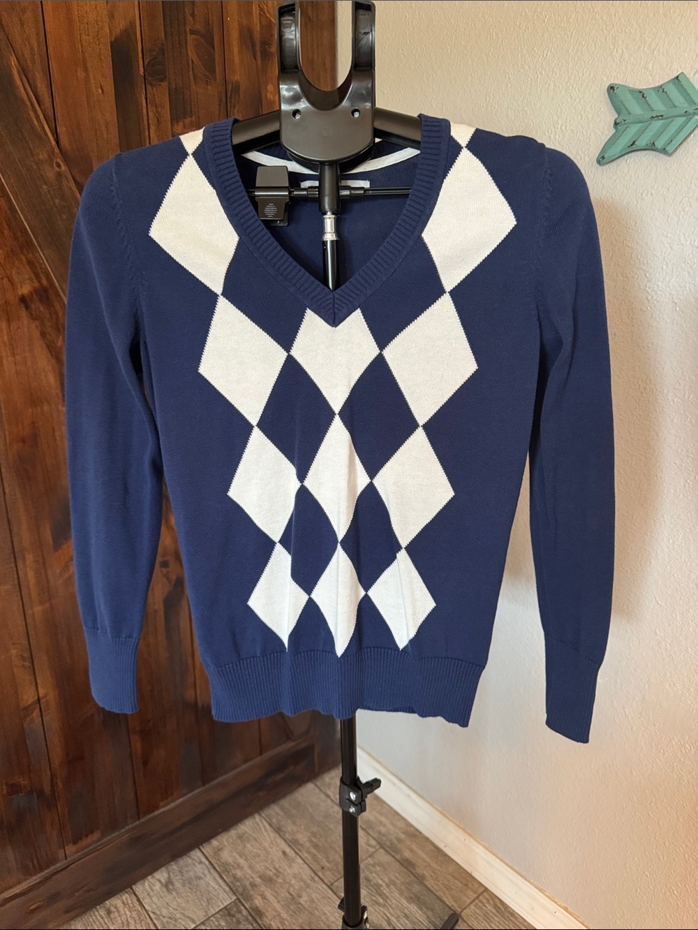 Old Navy Navy and White Argyle V-Neck Sweater